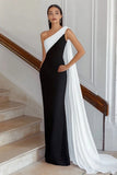 Black White Sheath One Shoulder Satin Long Formal Dress with Side Cape Sleeveless Evening Dress