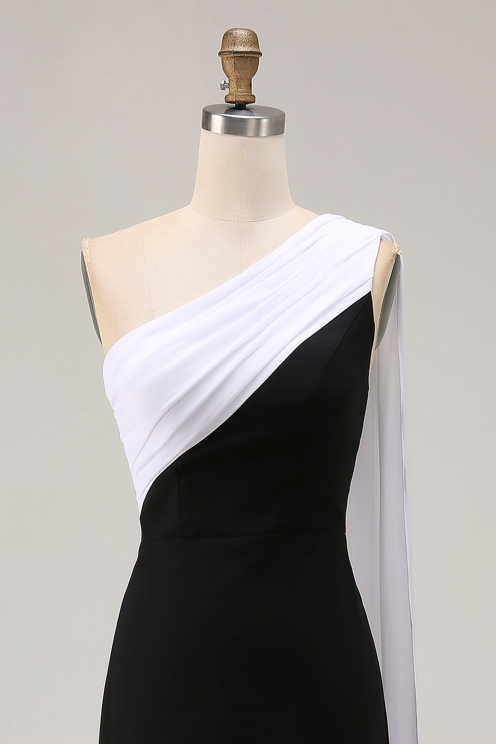 Black White Satin One Shoulder Sheath Long Formal Dress with Side Cape