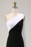 Black White Satin One Shoulder Sheath Long Formal Dress with Side Cape