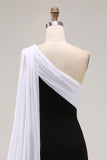 Black White Satin One Shoulder Sheath Long Formal Dress with Side Cape