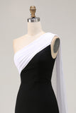 Black White Satin One Shoulder Sheath Long Formal Dress with Side Cape