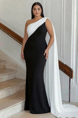Plus Size Black and White Satin One Shoulder Sheath Long Formal Dress with Side Cape