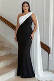 Plus Size Black and White Satin One Shoulder Sheath Long Formal Dress with Side Cape