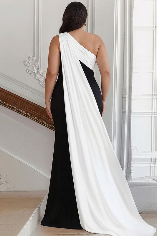Plus Size Black and White Satin One Shoulder Sheath Long Formal Dress with Side Cape