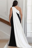 Plus Size Black and White Satin One Shoulder Sheath Long Formal Dress with Side Cape