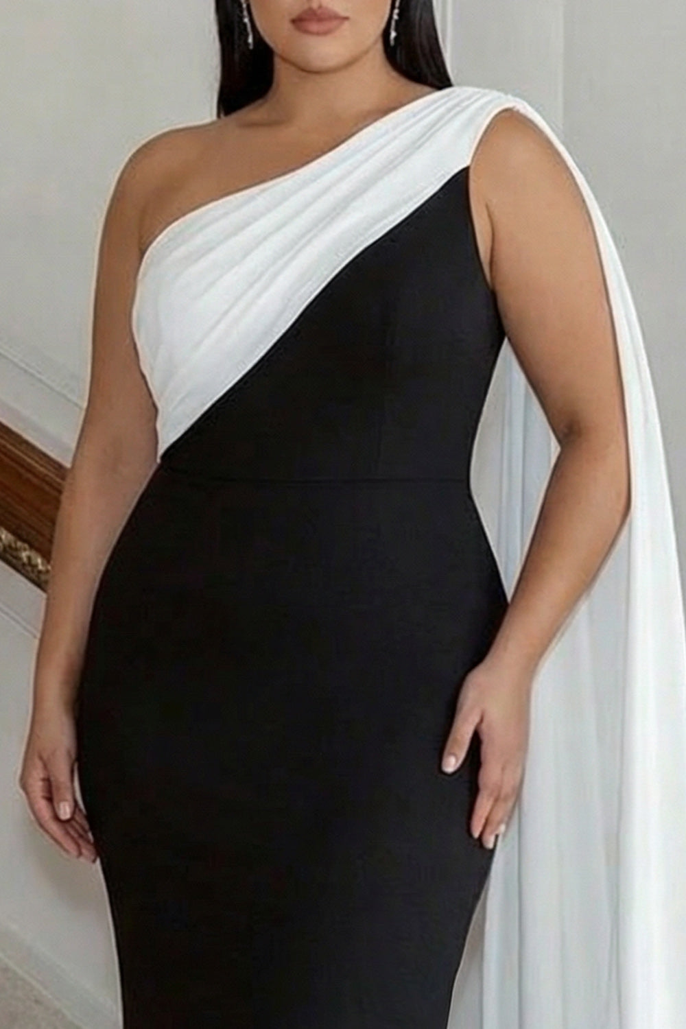 Plus Size Black and White Satin One Shoulder Sheath Long Formal Dress with Side Cape