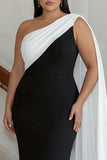 Plus Size Black and White Satin One Shoulder Sheath Long Formal Dress with Side Cape