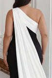 Plus Size Black and White Satin One Shoulder Sheath Long Formal Dress with Side Cape