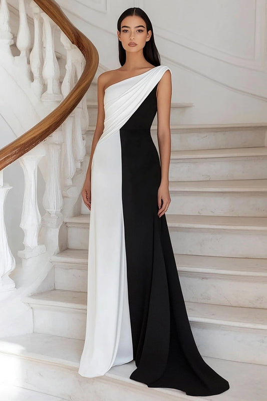 Black White Sheath Ruched Long One Shoulder Formal Dress