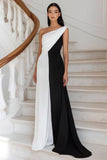 Black White Sheath Ruched Long One Shoulder Formal Dress