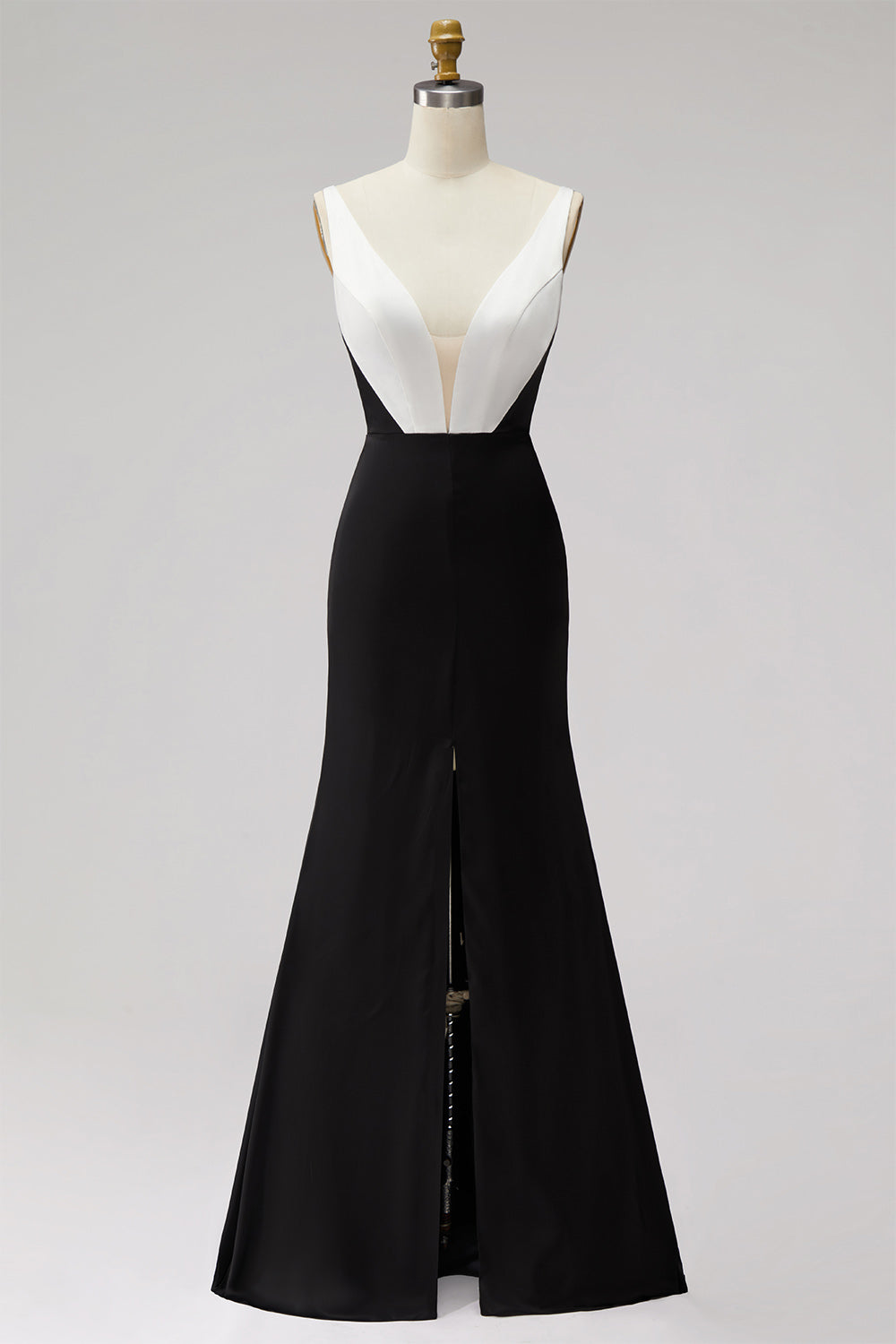 Black White Sheath Deep V-Neck Satin Long Formal Dress with Slit