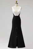 Black White Sheath Deep V-Neck Satin Long Formal Dress with Slit