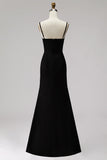 Black White Sheath Deep V-Neck Satin Long Formal Dress with Slit