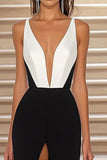 Black White Sheath Deep V-Neck Satin Long Formal Dress with Slit