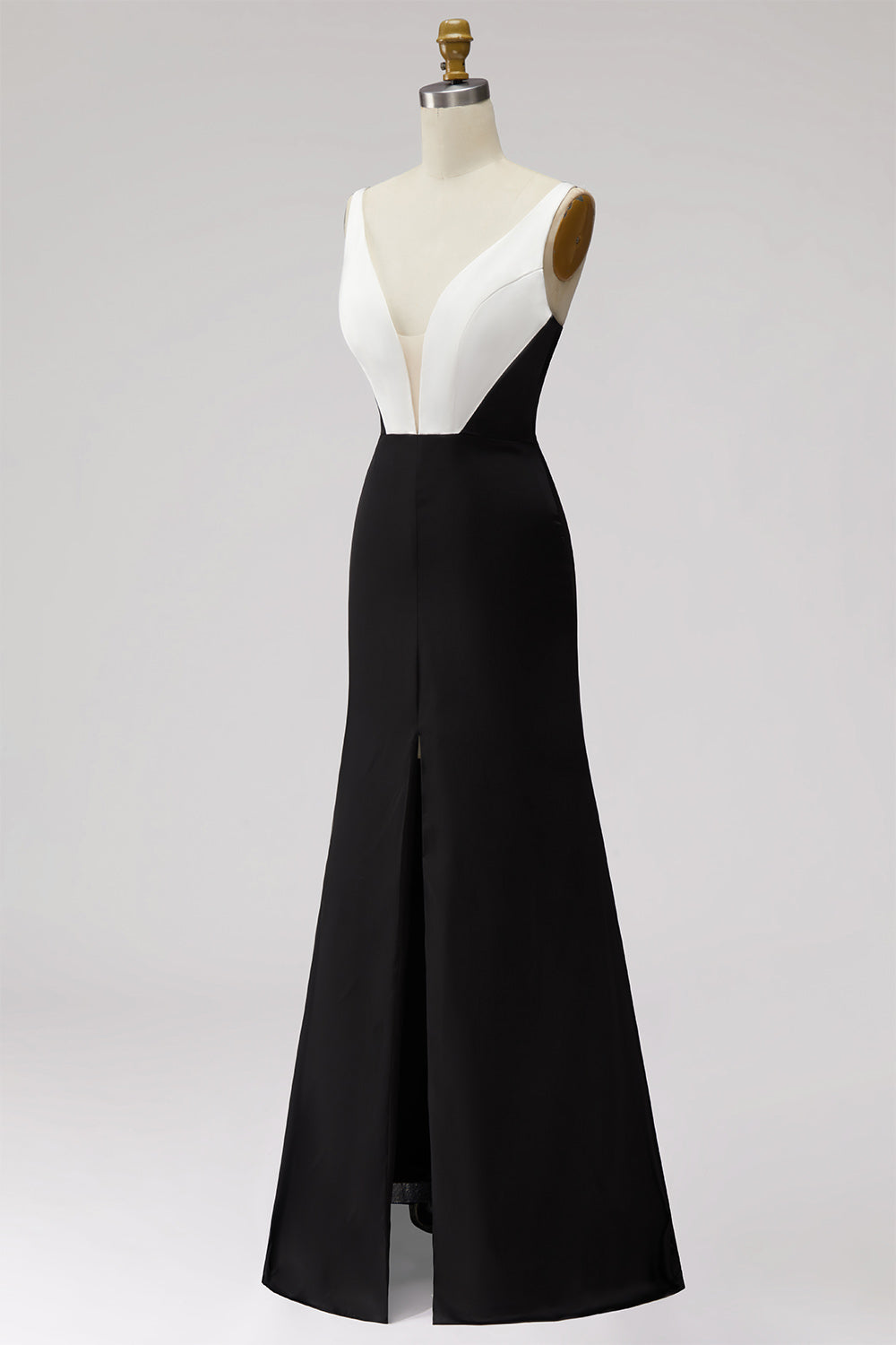 Black White Sheath Deep V-Neck Satin Long Formal Dress with Slit