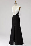 Black White Sheath Deep V-Neck Satin Long Formal Dress with Slit