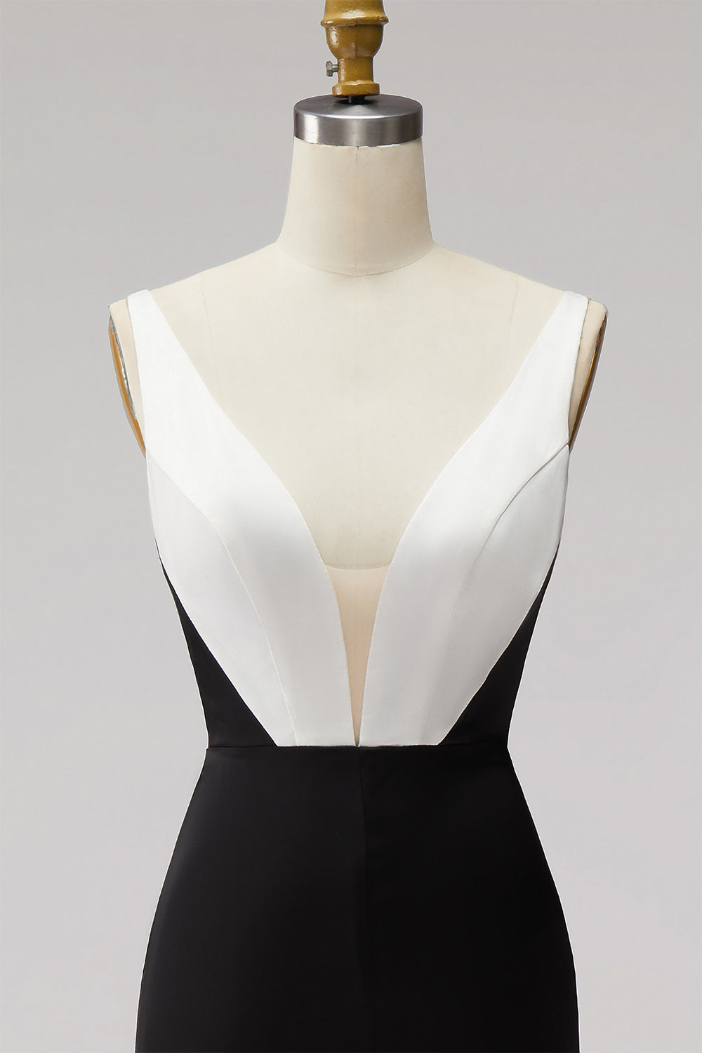 Black White Sheath Deep V-Neck Satin Long Formal Dress with Slit
