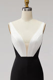 Black White Sheath Deep V-Neck Satin Long Formal Dress with Slit