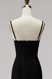 Black White Sheath Deep V-Neck Satin Long Formal Dress with Slit