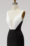 Black White Sheath Deep V-Neck Satin Long Formal Dress with Slit