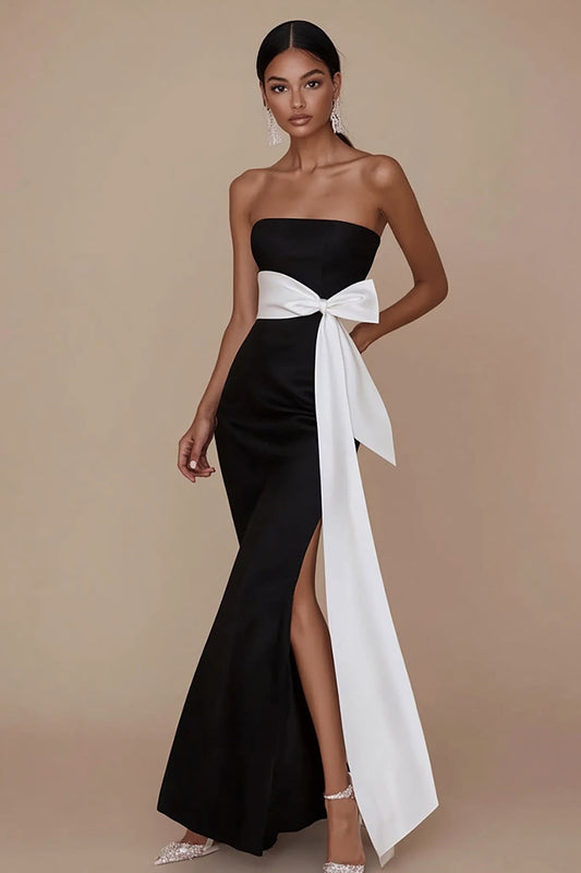 Black White Sheath Square Neck Satin Long Formal Dress with Sash