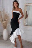 Black White Sheath Strapless Asymmetrical Midi Formal Dress with Ruffles