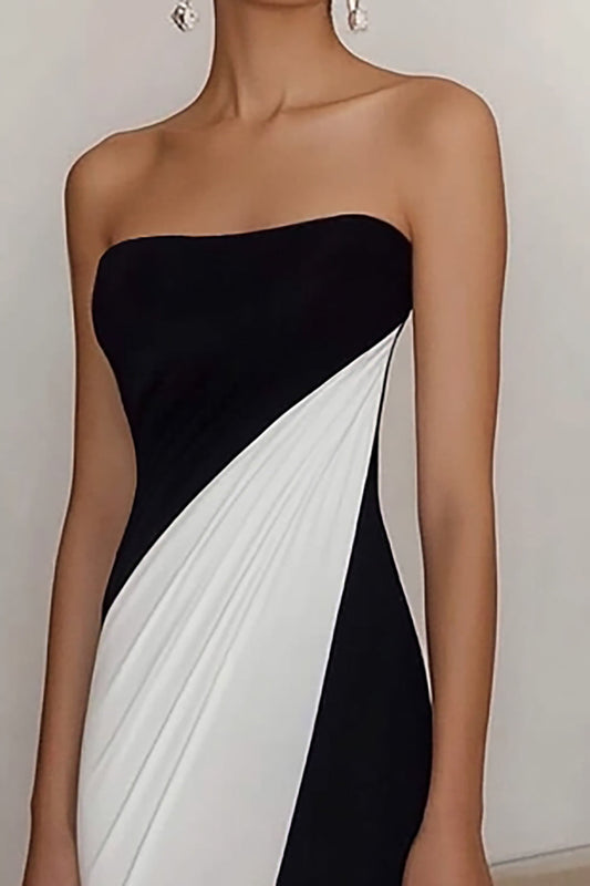 Black White Sheath Square Neck Ruched Long Formal Dress