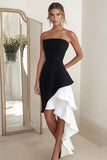 Black White Sheath Square Neck Short Cocktail Dress with Ruffles