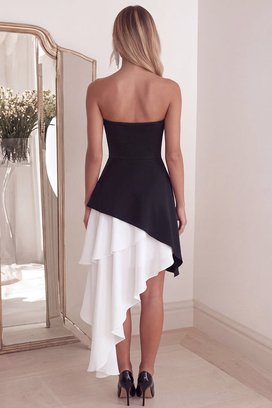 Black White Sheath Square Neck Short Cocktail Dress with Ruffles
