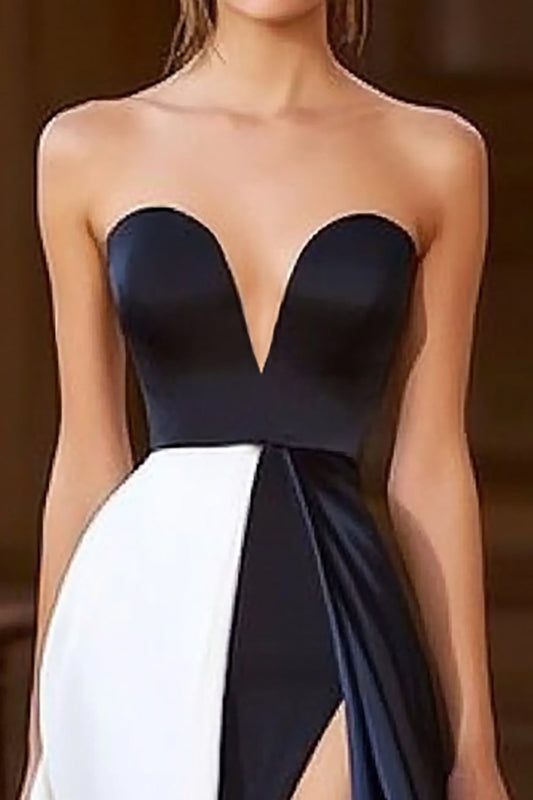 Navy White Sweetheart A Line Satin Long Formal Dress with Slit