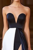 Navy White Sweetheart A Line Satin Long Formal Dress with Slit