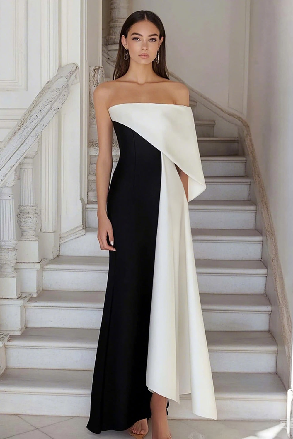 Zapakasa Women Black White Sheath Satin One Shoulder Long Formal Dress