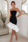 Black White Sheath Satin Asymmetrical Cocktail Dress with Ruffles