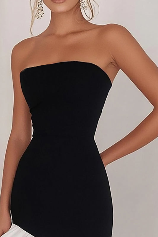 Black White Sheath Satin Asymmetrical Cocktail Dress with Ruffles
