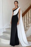Black white Sheath One Shoulder Long Satin Formal Dress with Side Cape