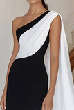Black white Sheath One Shoulder Long Satin Formal Dress with Side Cape