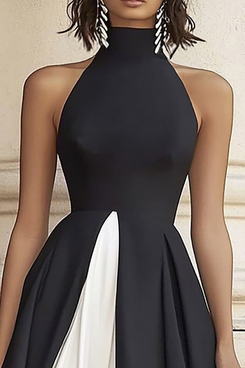 Black White A Line Satin Long High Neck Formal Dress
