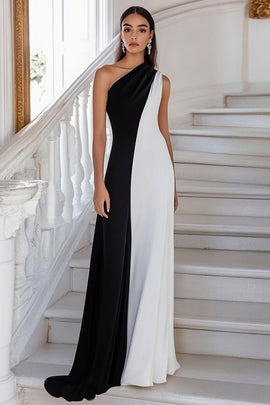 Zapakasa Women Black White Sheath One ShoulderLong Formal Dress Sleeveless Evening Dress Zapakasa Women Black White Sheath One ShoulderLong Formal Dress Sleeveless Evening Dress
