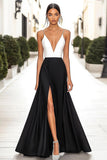 Black White A Line Deep V-Neck Satin Long Formal Dress with Slit