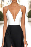 Black White A Line Deep V-Neck Satin Long Formal Dress with Slit