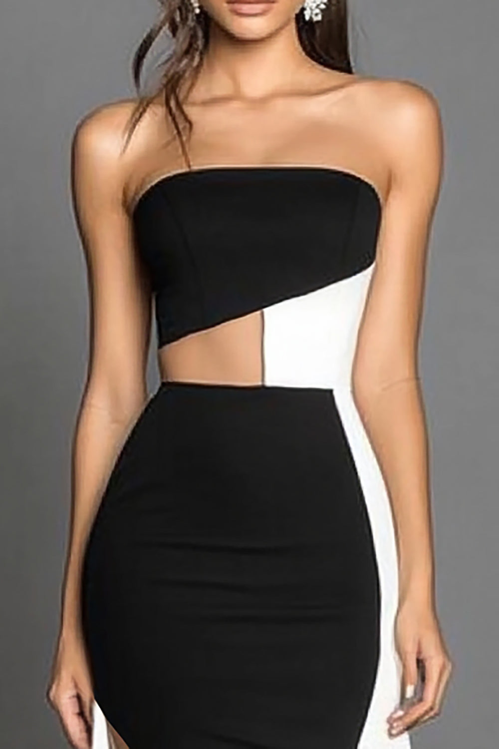 Black White Sheath Satin Long Strapless Formal Dress with Slit