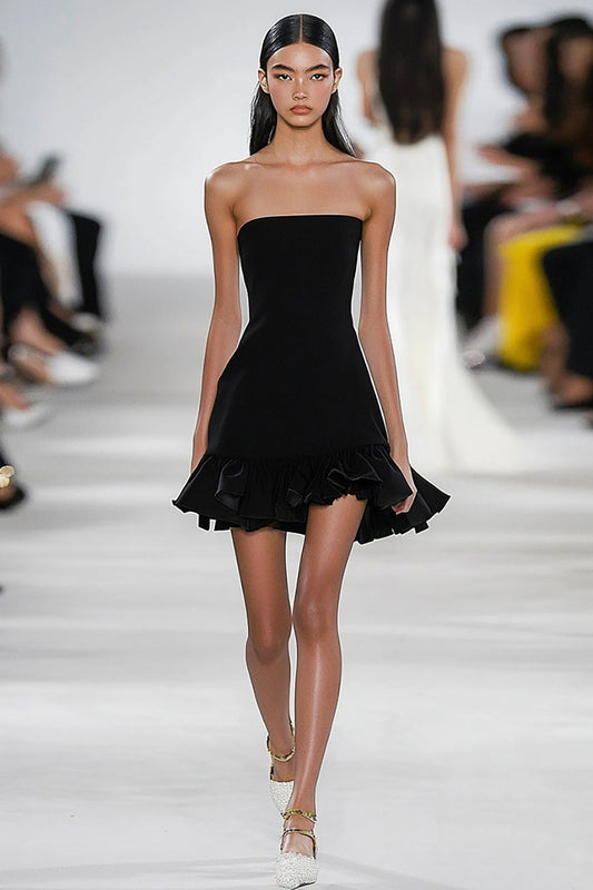 Black A Line Square Neck Satin Short Graduation Dress with Ruffles