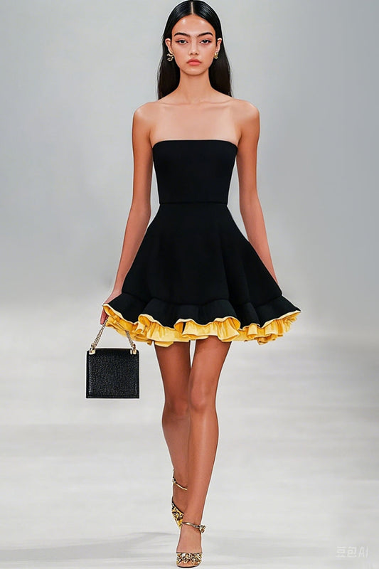 Black A Line Strapless Satin Short Ruffled Graduation Dress