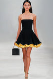 Black A Line Strapless Satin Short Ruffled Graduation Dress