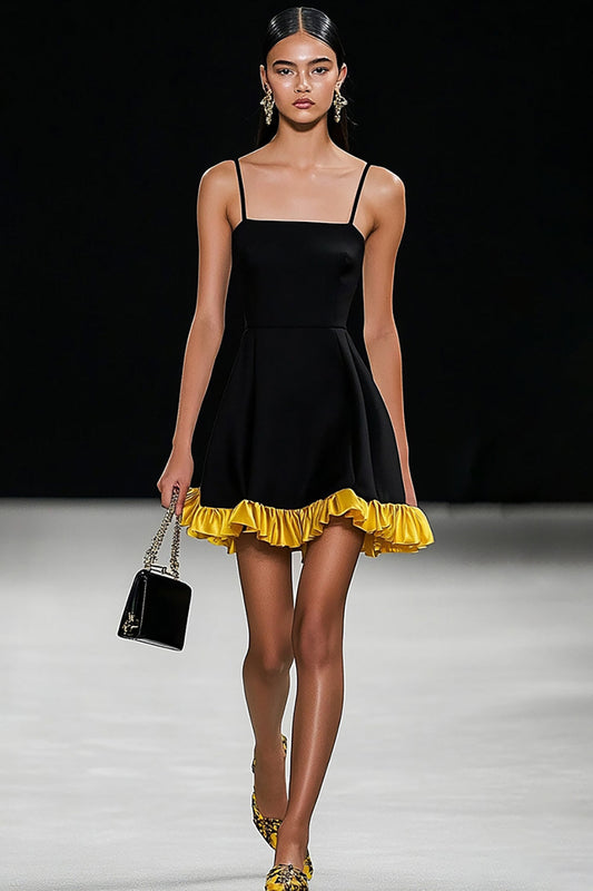 Black A Line Spaghetti Straps Satin Short Graduation Dress with Ruffles