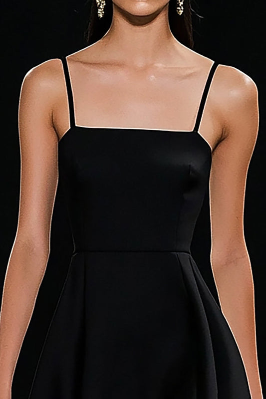 Black A Line Spaghetti Straps Satin Short Graduation Dress with Ruffles