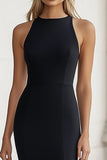 Black Satin Sheath Long Formal Dress with Slit