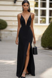 Black Sheath Deep V-Neck Satin Long Formal Dress with Slit