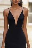 Black Sheath Deep V-Neck Satin Long Formal Dress with Slit