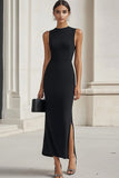 Black Scoop Neck Satin Long Formal Dress with Slit
